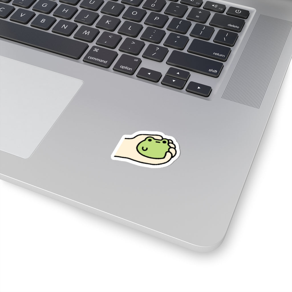 Cute Hand-Held Frog Kiss-Cut Sticker — Kawaii Laptop Decal