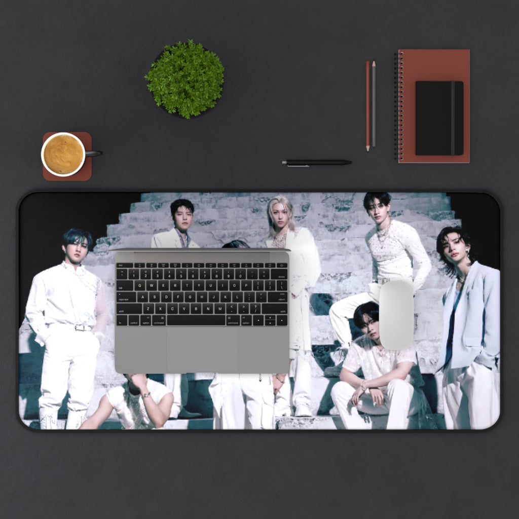 Stray Kids Desk Mat— Sleek White Suit Group Photo Mouse Pad