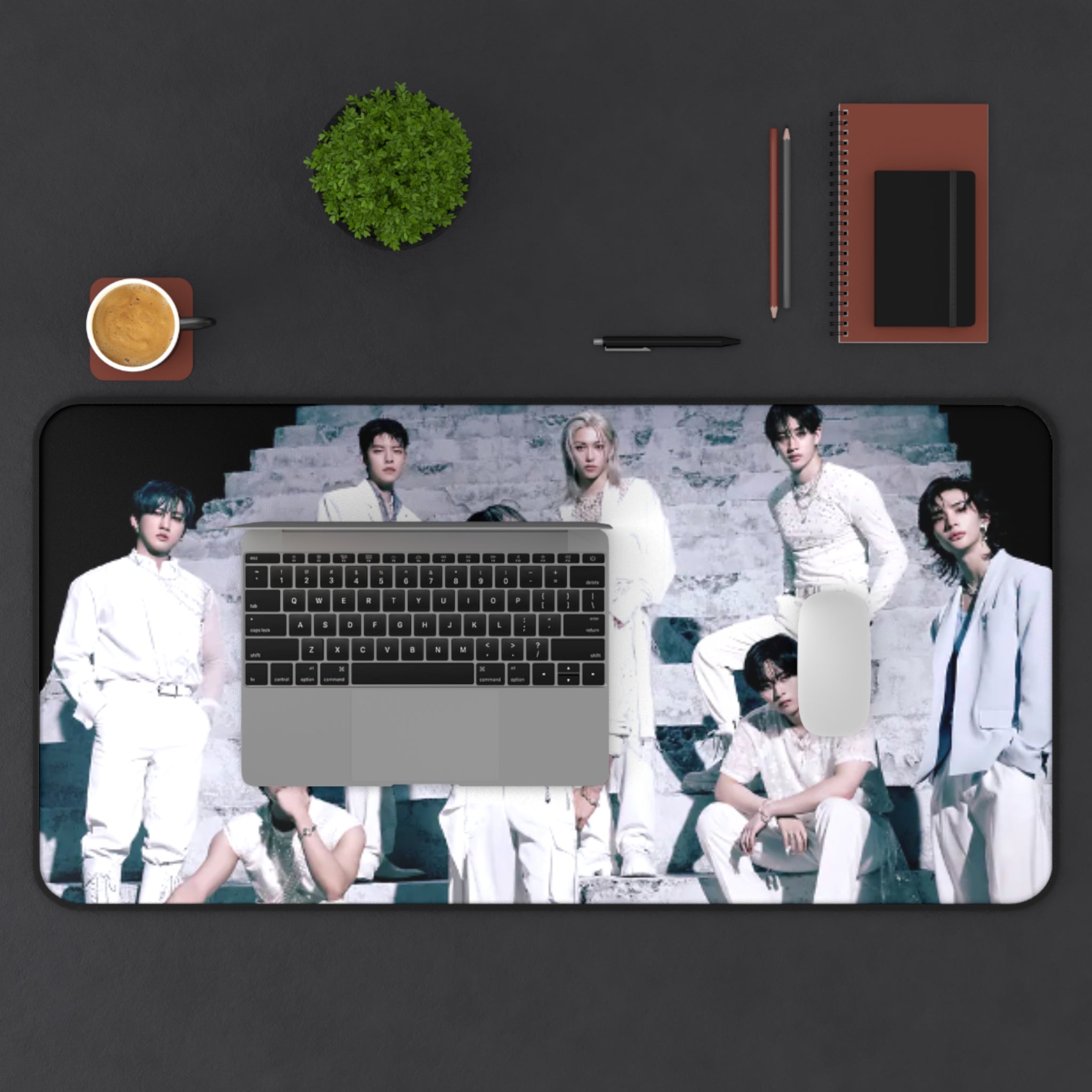 Stray Kids Desk Mat— Sleek White Suit Group Photo Mouse Pad