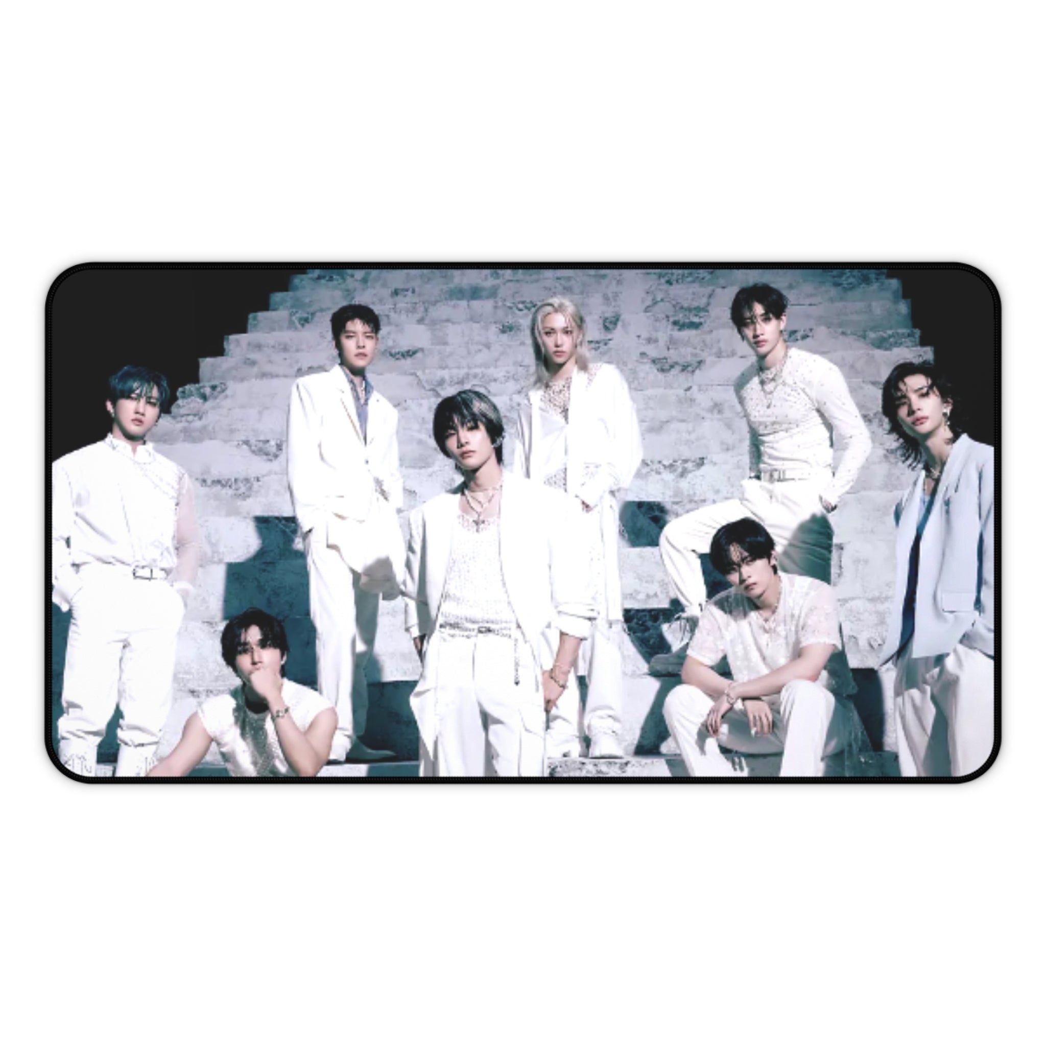 Stray Kids Desk Mat— Sleek White Suit Group Photo Mouse Pad