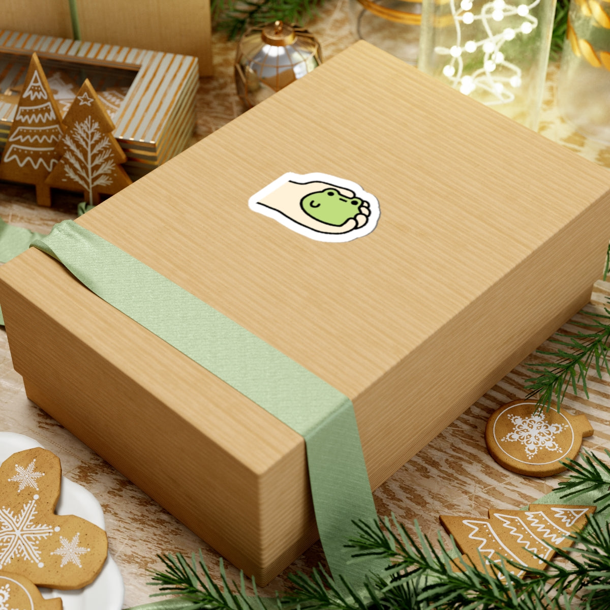 Cute Hand-Held Frog Kiss-Cut Sticker — Kawaii Laptop Decal