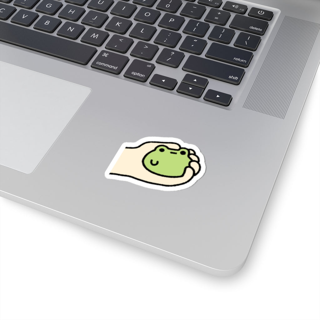 Cute Hand-Held Frog Kiss-Cut Sticker — Kawaii Laptop Decal