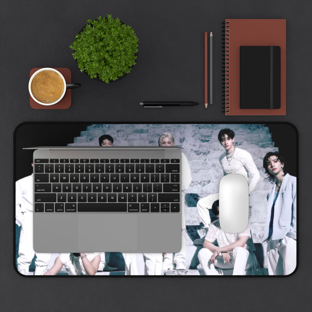 Stray Kids Desk Mat— Sleek White Suit Group Photo Mouse Pad