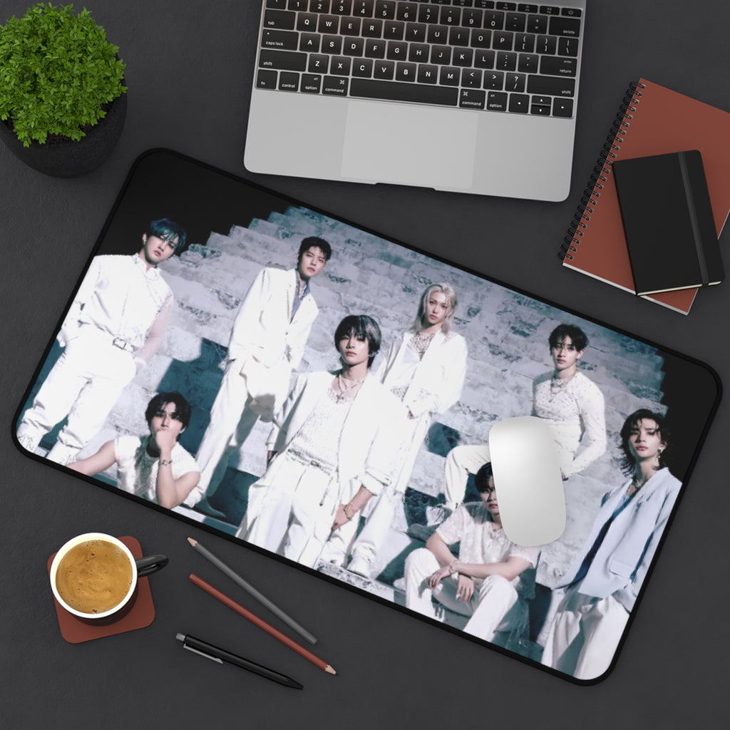 Stray Kids Desk Mat— Sleek White Suit Group Photo Mouse Pad