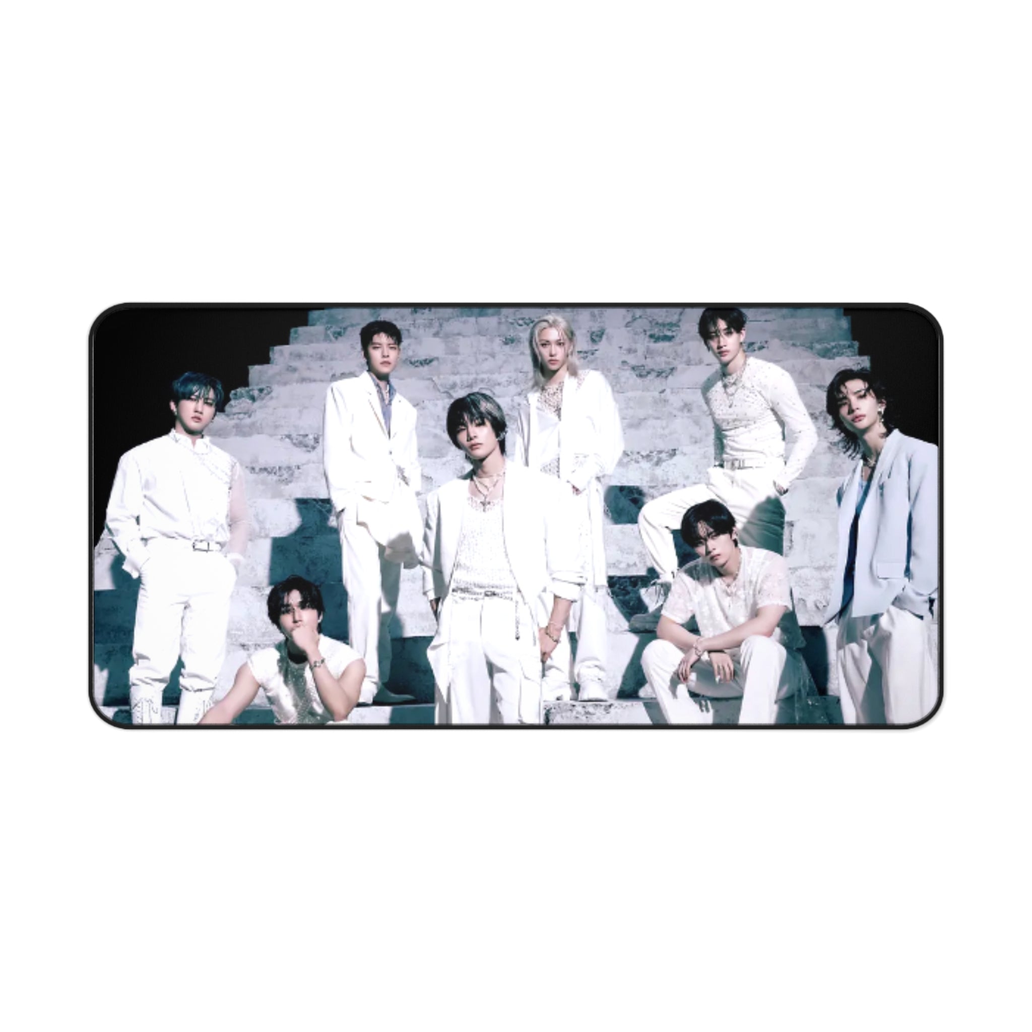 Stray Kids Desk Mat— Sleek White Suit Group Photo Mouse Pad