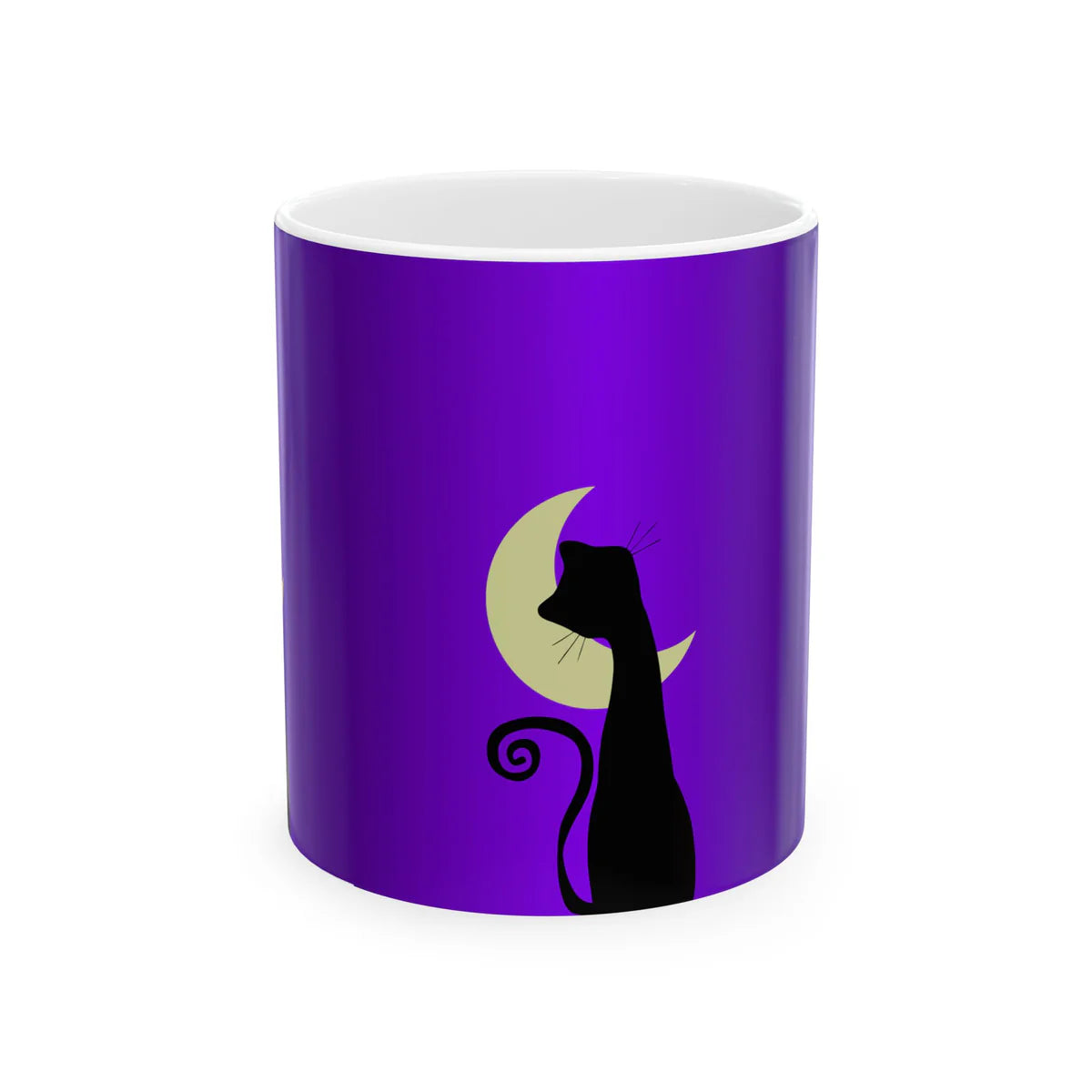 Purple Moon Cat Ceramic Mug — Crescent Moon Black Cat Coffee Cup (11oz)
