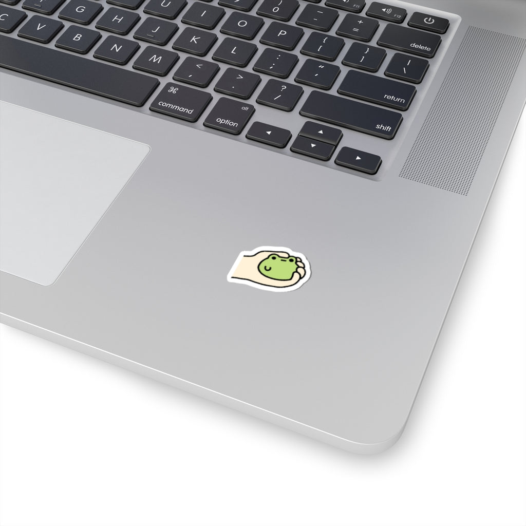 Cute Hand-Held Frog Kiss-Cut Sticker — Kawaii Laptop Decal