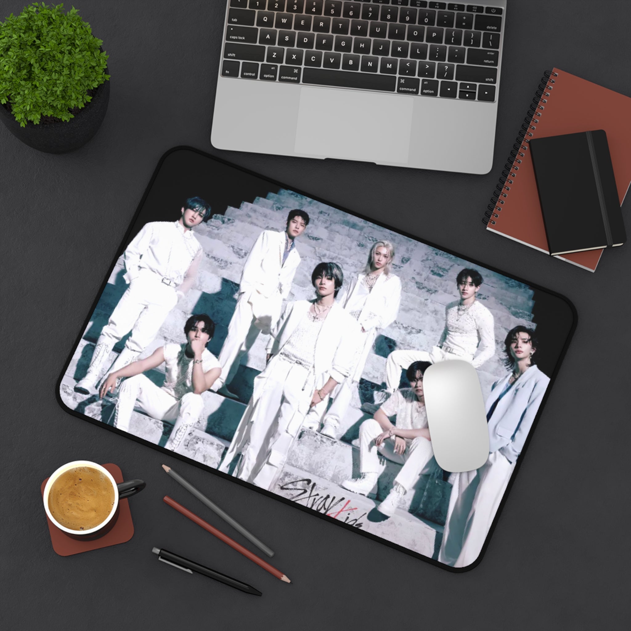 Stray Kids Desk Mat— Sleek White Suit Group Photo Mouse Pad