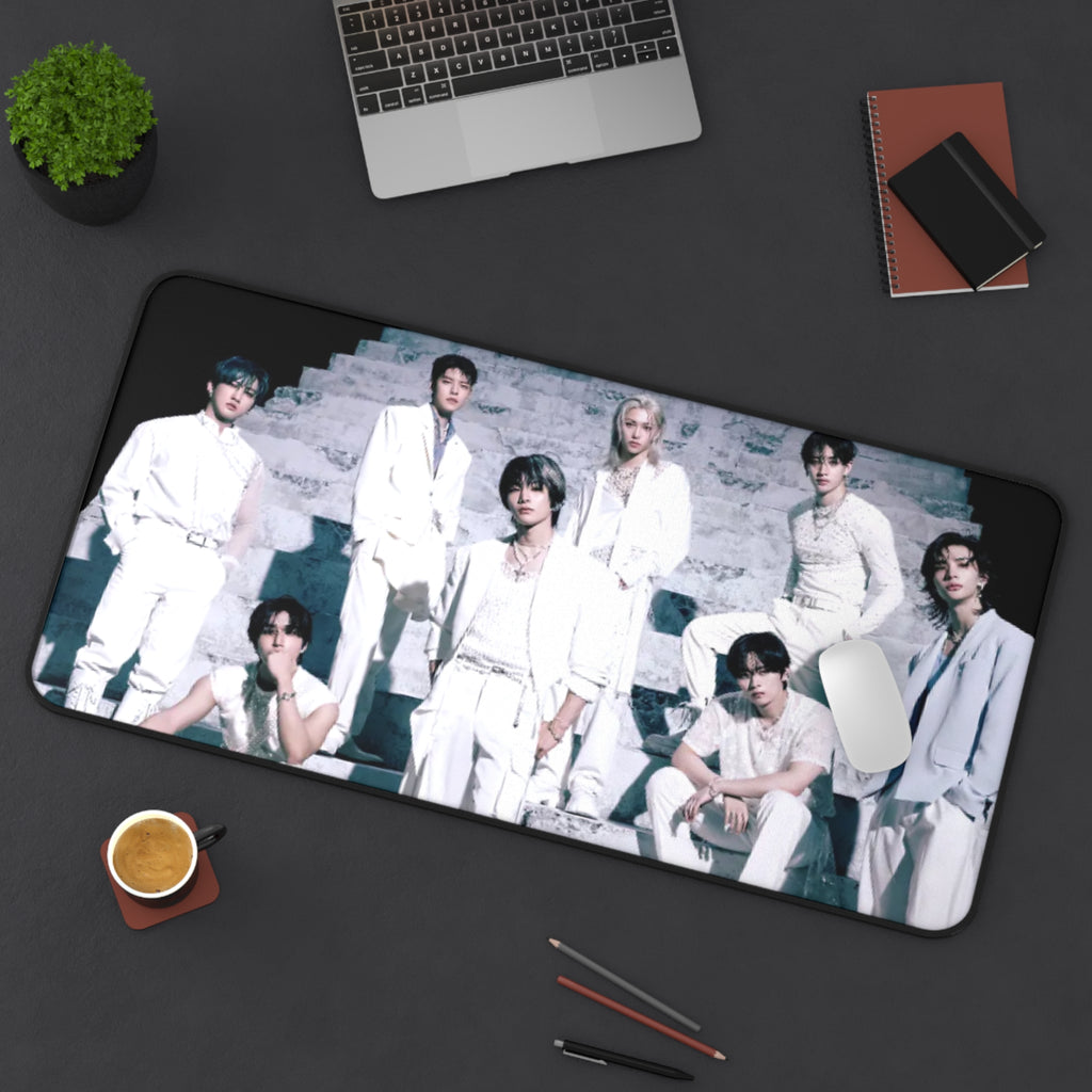 Stray Kids Desk Mat— Sleek White Suit Group Photo Mouse Pad